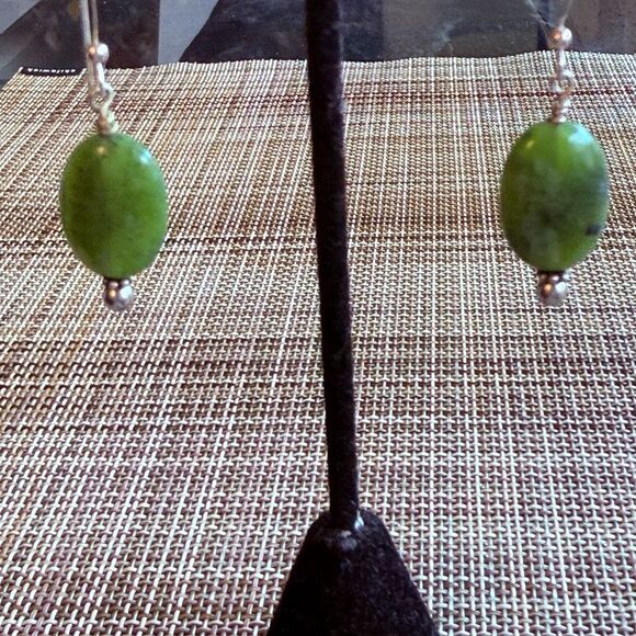 New Jade Serpentine Elongated Oval Dangling Earrings with French Ear Wire. - Picture 2 of 4